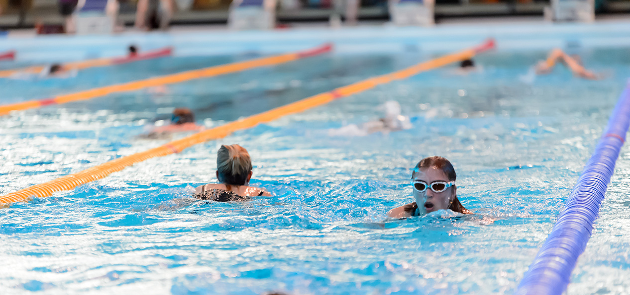 People swim in lanes in an indoor swimming pool