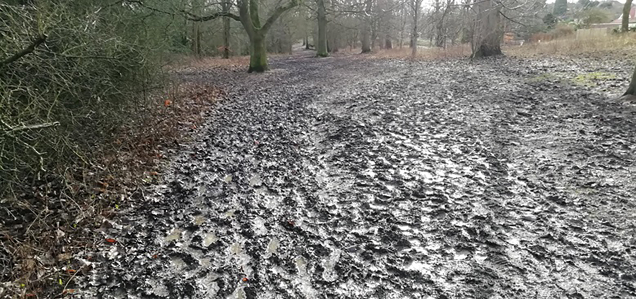 A muddy path in a park in Rugby. Picture credit: Rugby Borough Council.