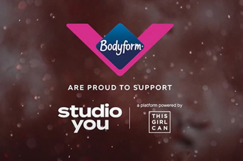 The Bodyform logo on a card saying they proud to support Studio You, a platform powered by This Girl Can