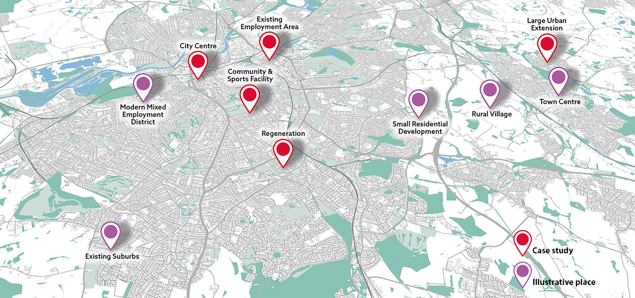 Illustrative figure showing a map of a large urban area with pins identifying the type of case studies and illustrative places included in the document. There are: city centre, existing employment area, community and sports facility, modern mixed employment district, existing suburbs, regeneration, small residential development, rural village, town centre, large urban extension.