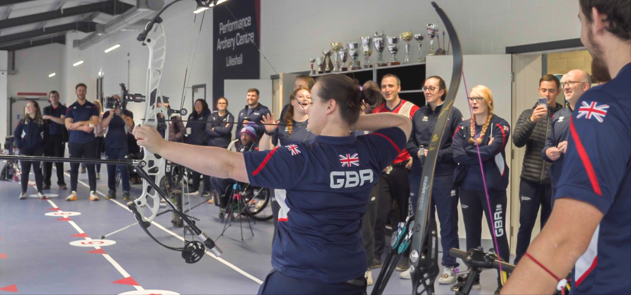 Members of the Great Britain archery team shoot arrows at the Performance Archery Centre in Lilleshall.