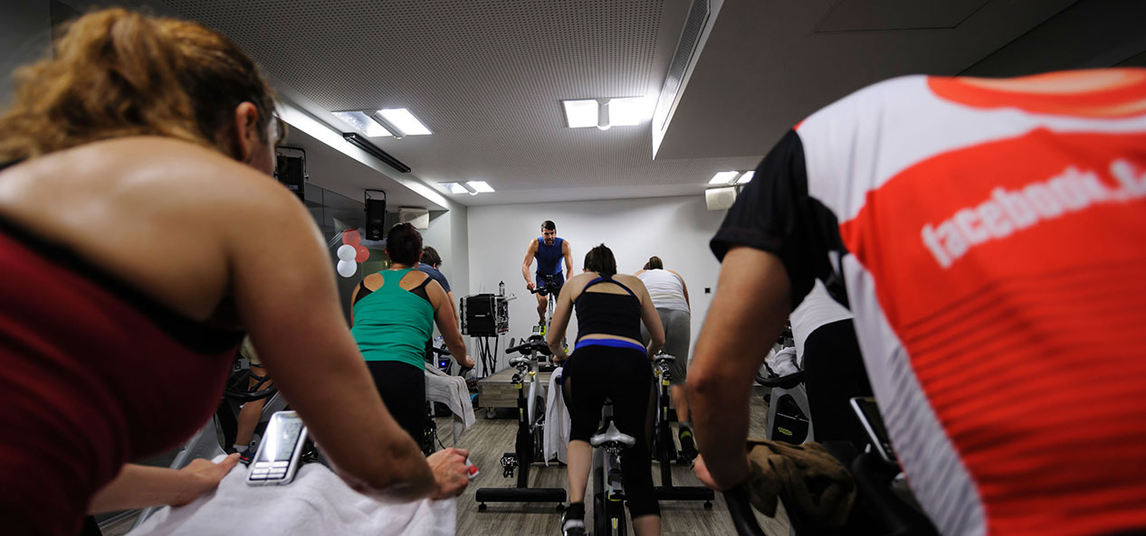 A spinning class at a gym