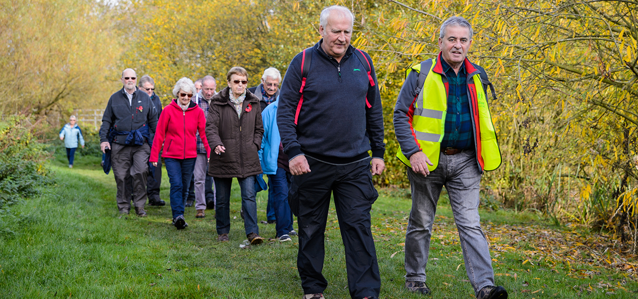 A group of people walking together through a park.