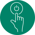 A pictogram in a green circle of a hand pressing a power button