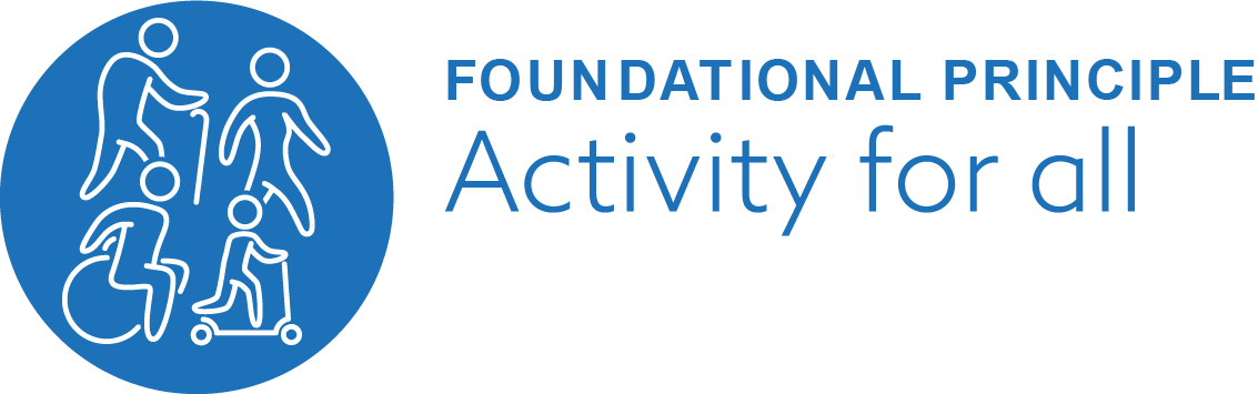 A blue circle with pictograms of different types of people, with text alongside saying 'Foundational principle, activity for all'