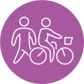 A pictogram of a person walking and another cycling, inside a purple circle